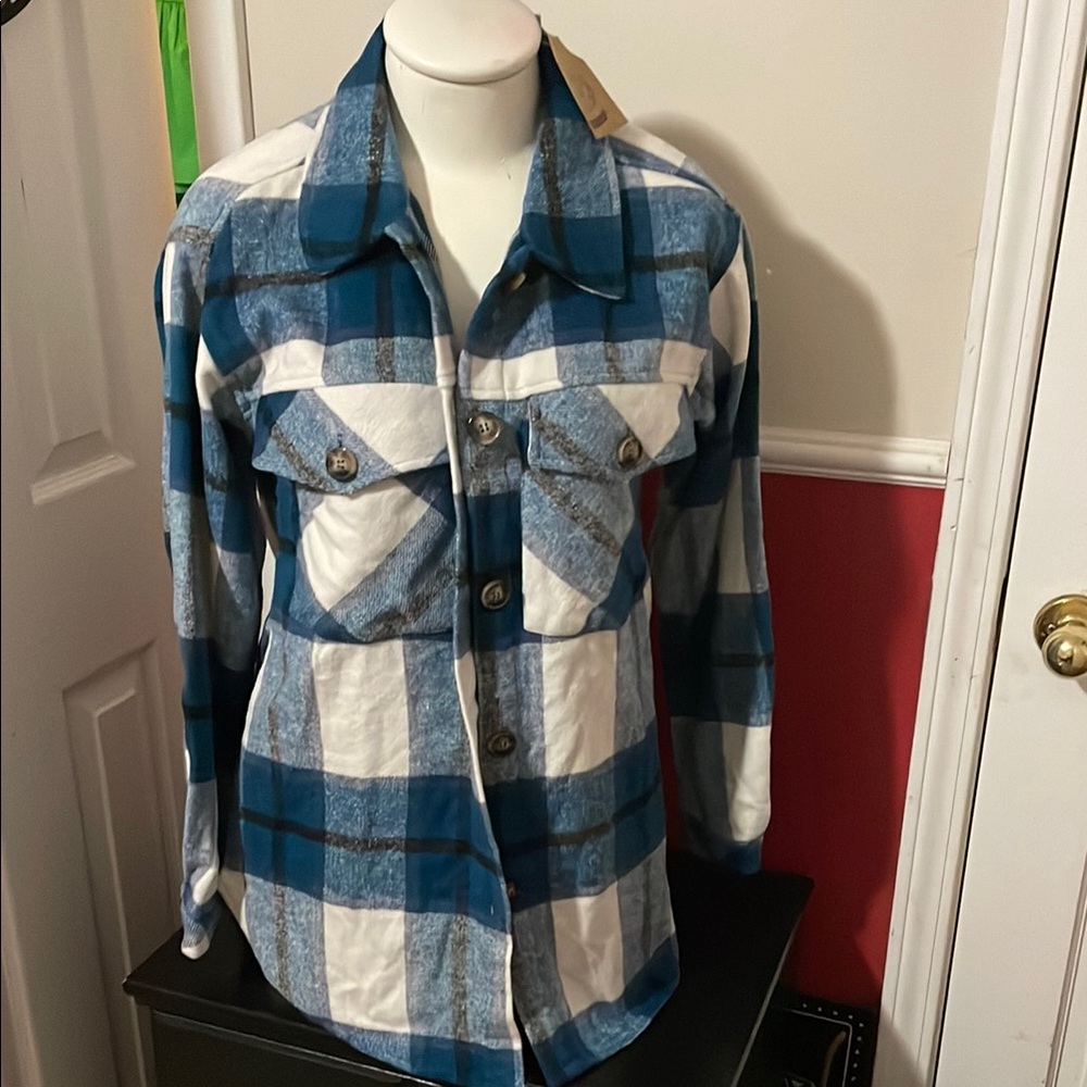🎉 NWT! Kori Blue and White Utility Jacket with Plaid Pattern